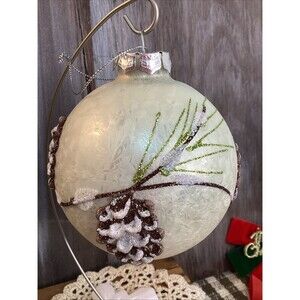 Beautiful White Glittery Christmas Large Glass Ball Ornament With Pine Cones